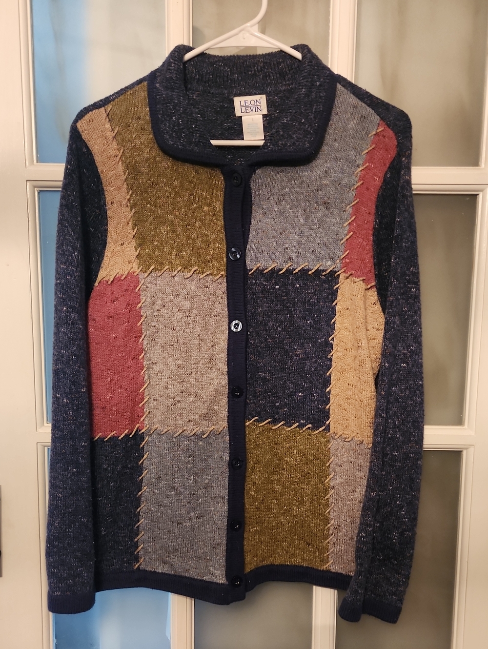 Vintage Leon Levin Navy Patchwork Button Cardigan Sweater